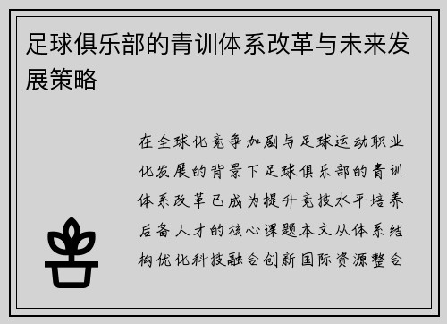 足球俱乐部的青训体系改革与未来发展策略