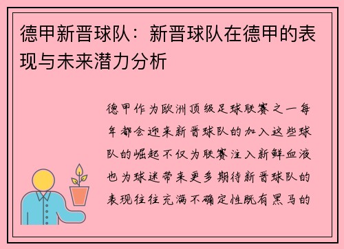 德甲新晋球队：新晋球队在德甲的表现与未来潜力分析